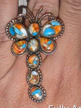 AWESOME DRAGONFLY Copper Ring With Turquoise & Spiny Oyster